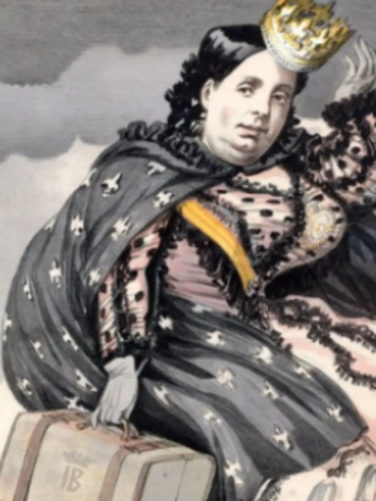 Il·lustració antiga d’Isabel II amb corona i capa fosca decorada amb estrelles que sosté una maleta amb les mans.