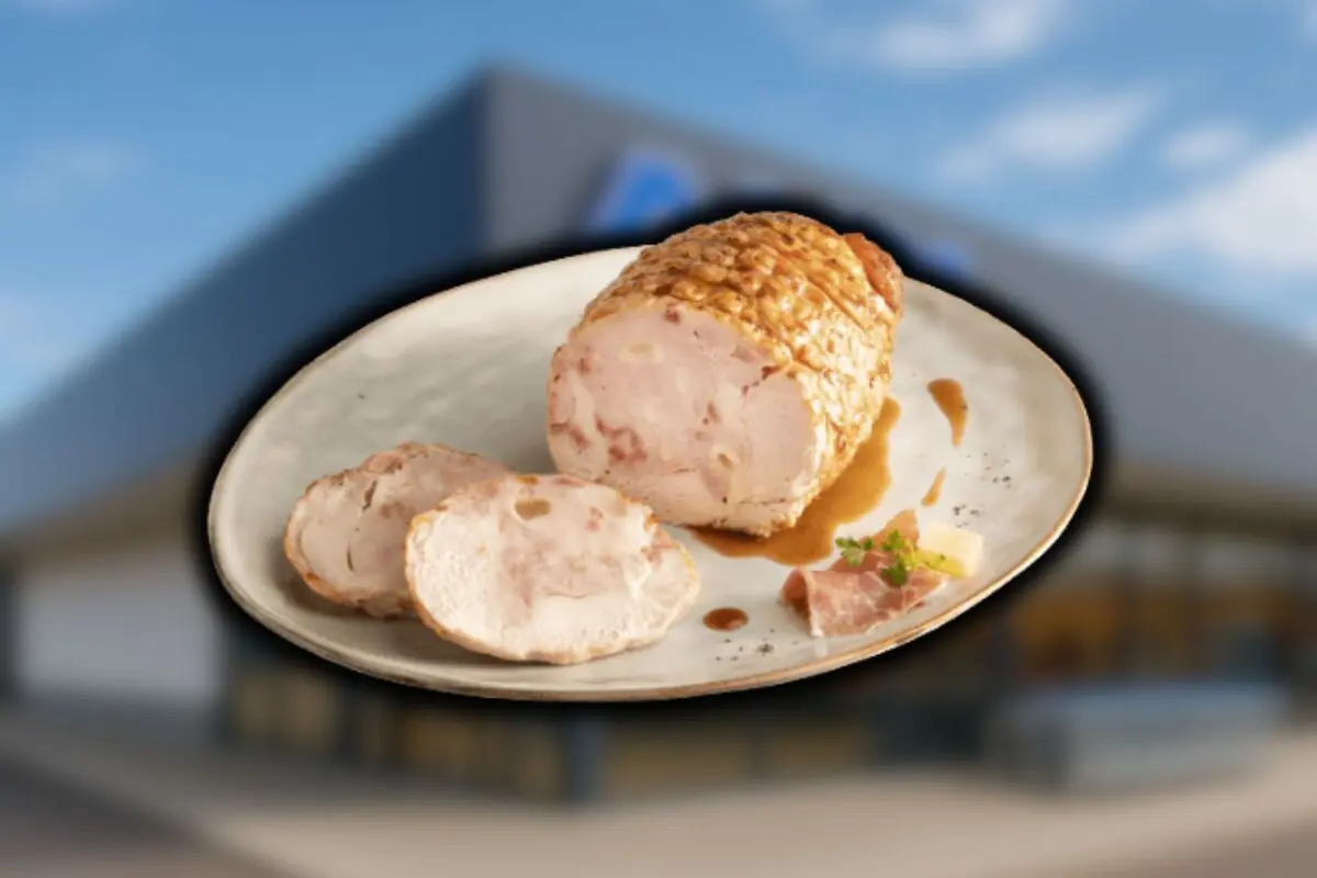 Plato con un rollo de carne rellena cortado en rodajas y acompañado de salsa y guarnición sobre un fondo desenfocado de Aldi. Plato con un rollo de carne rellena cortado en rodajas y acompañado de salsa y guarnición sobre un fondo desenfocado de Aldi.