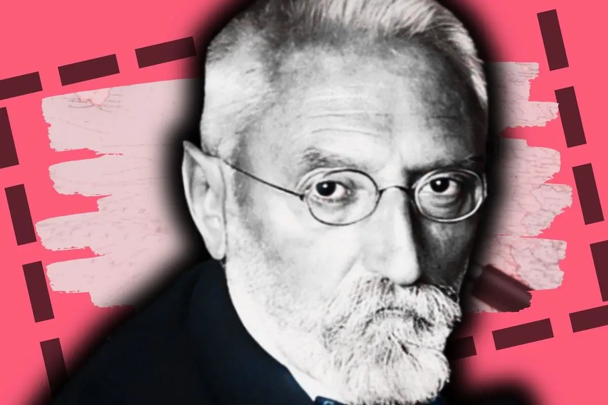 Retrat en blanc i negre de Miguel de Unamuno amb ulleres rodones i barba blanca sobre un fons rosa amb elements gràfics geomètrics.