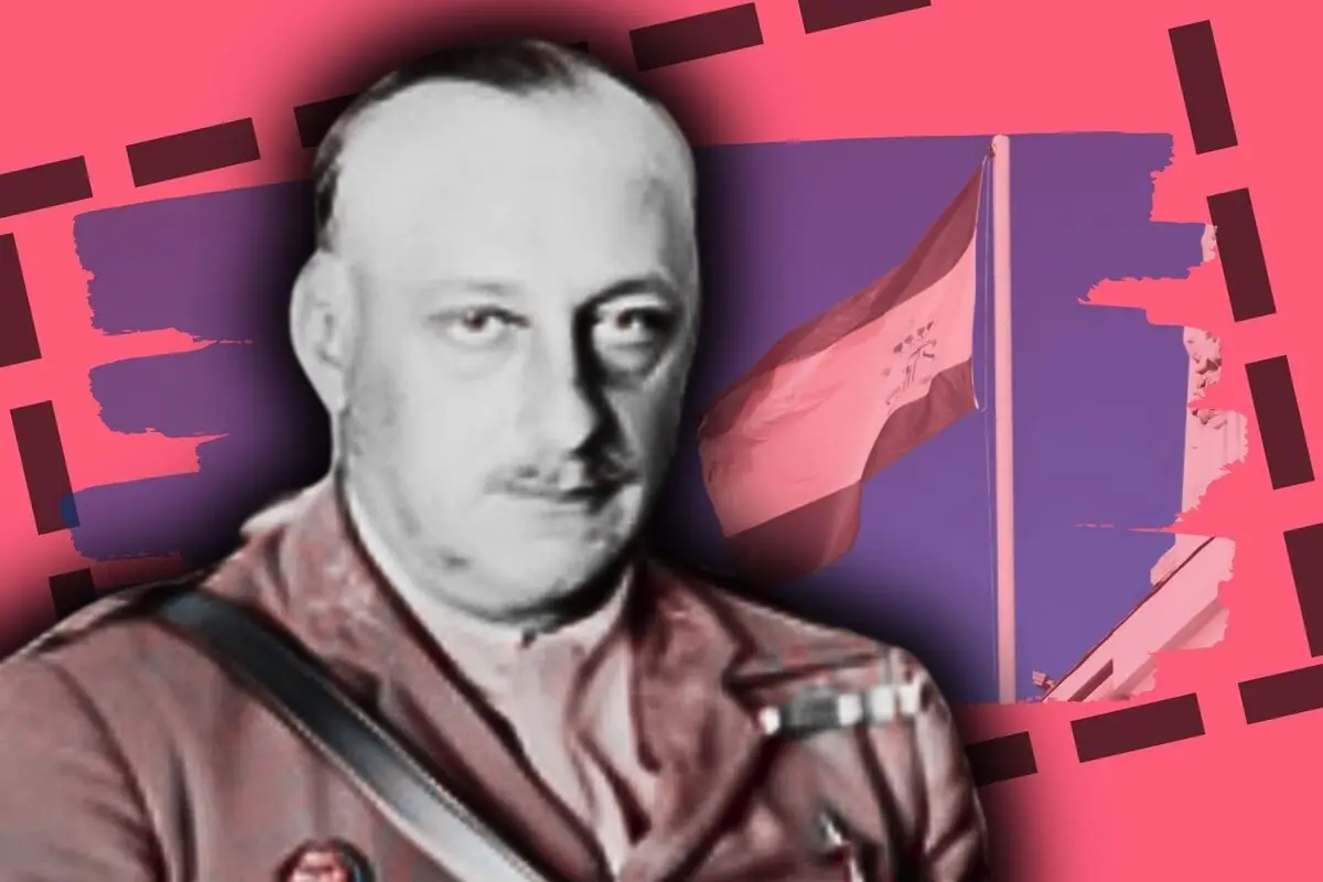 Retrato en blanco y negro de Primo de Rivera con uniforme militar al frente de una bandera ondeando sobre un fondo rosa con detalles gráficos oscuros.