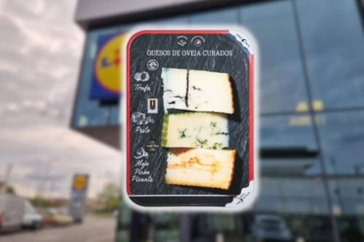 Assorted cured sheep cheese package with three portions on a black background held in front of a blurred Lidl supermarket façade Assorted cured sheep cheese package with three portions on a black background held in front of a blurred Lidl supermarket façade