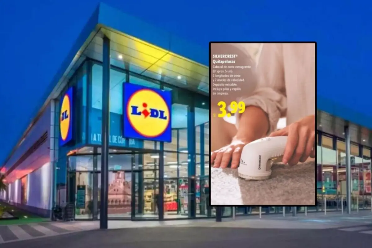 Fachada de una tienda Lidl con un anuncio de un quitapelusas Silvercrest en oferta por 3,99 euros