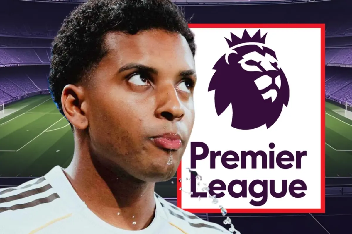 A player in a white uniform spits water in a stadium while the Premier League logo appears in the background.
