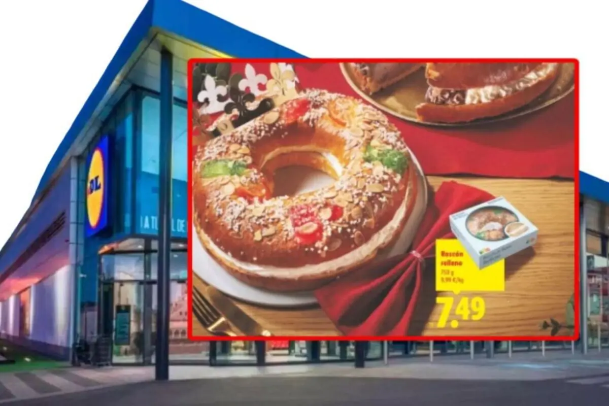 Lidl supermarket facade with a large advertising sign for a filled Roscón de Reyes and its special offer price