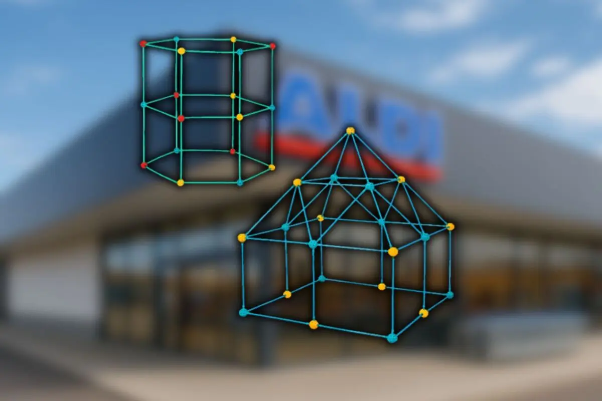 Dos estructuras geométricas tridimensionales con vértices de colores sobre un fondo borroso de una tienda Aldi.