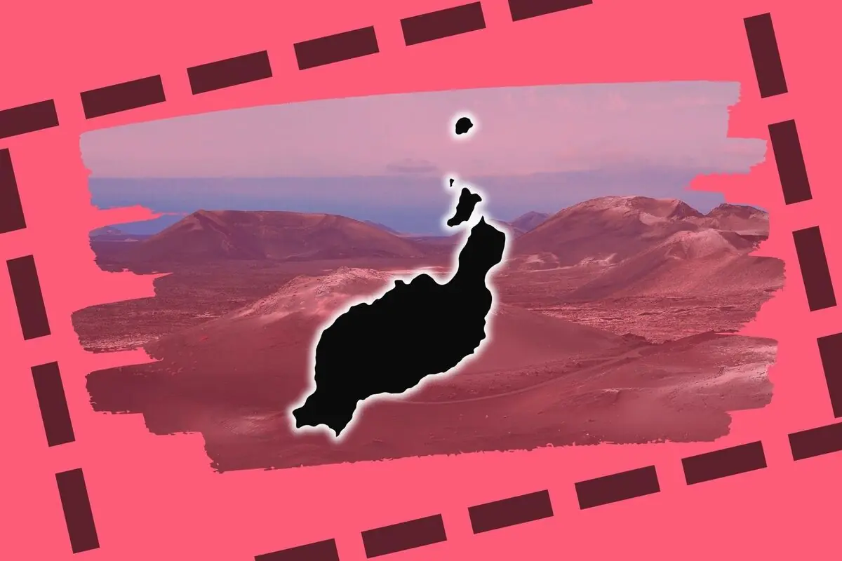 Silhouette negra de l’illa de Lanzarote sobre un paisatge volcànic rosat amb marc gràfic vermell.