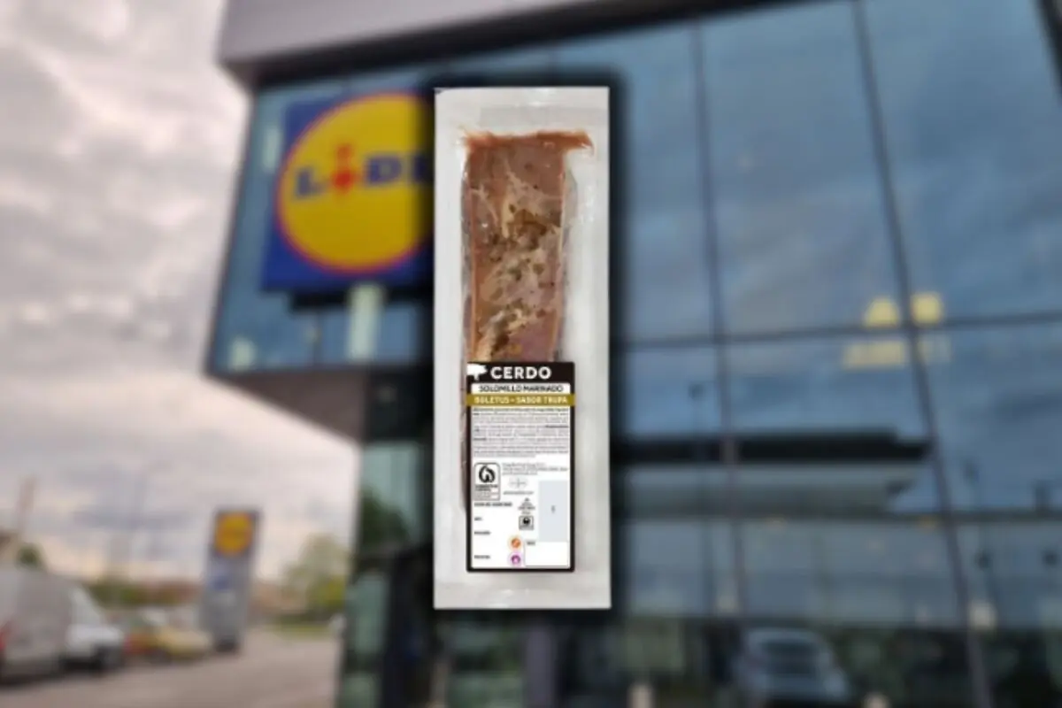 Pack of marinated pork tenderloin in front of a blurred Lidl store