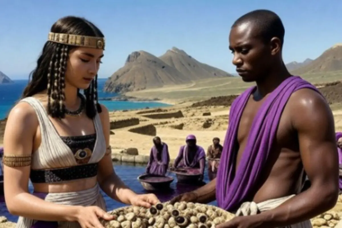 Dues persones amb vestimenta d’estil antic intercanvien una cistella de fruits davant d’un paisatge de muntanyes i aigua, mentre altres persones treballen al fons a les Illes Canàries.