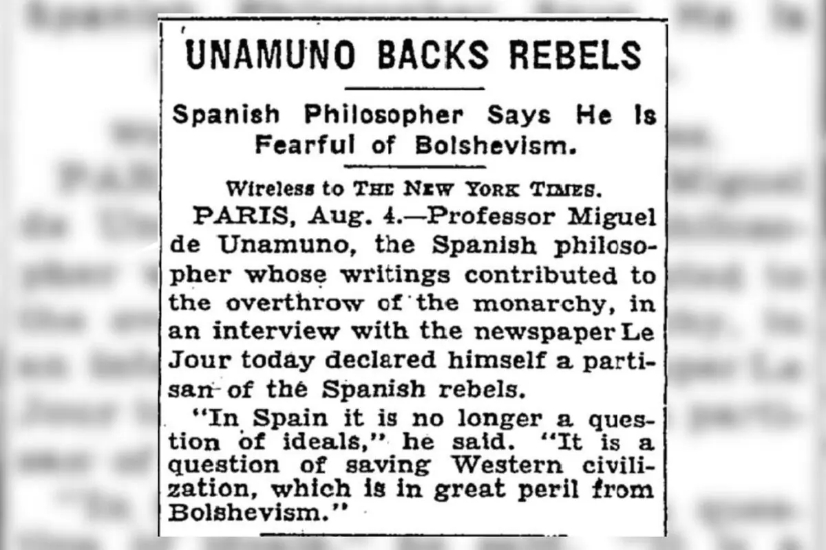 Retall d’un article antic en anglès del New York Times amb el titular “Unamuno dona suport als rebels” on s’informa que el filòsof espanyol Miguel de Unamuno dona suport als rebels espanyols i expressa temor pel bolxevisme.