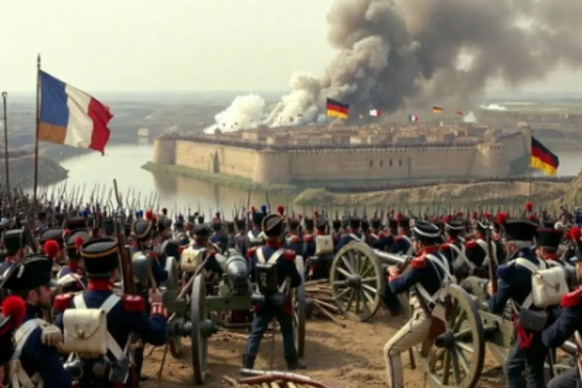 Soldats amb uniformes històrics i canons es preparen per atacar una fortalesa envoltada d’aigua mentre s’observa fum sortint de l’edifici i diverses banderes onejant.