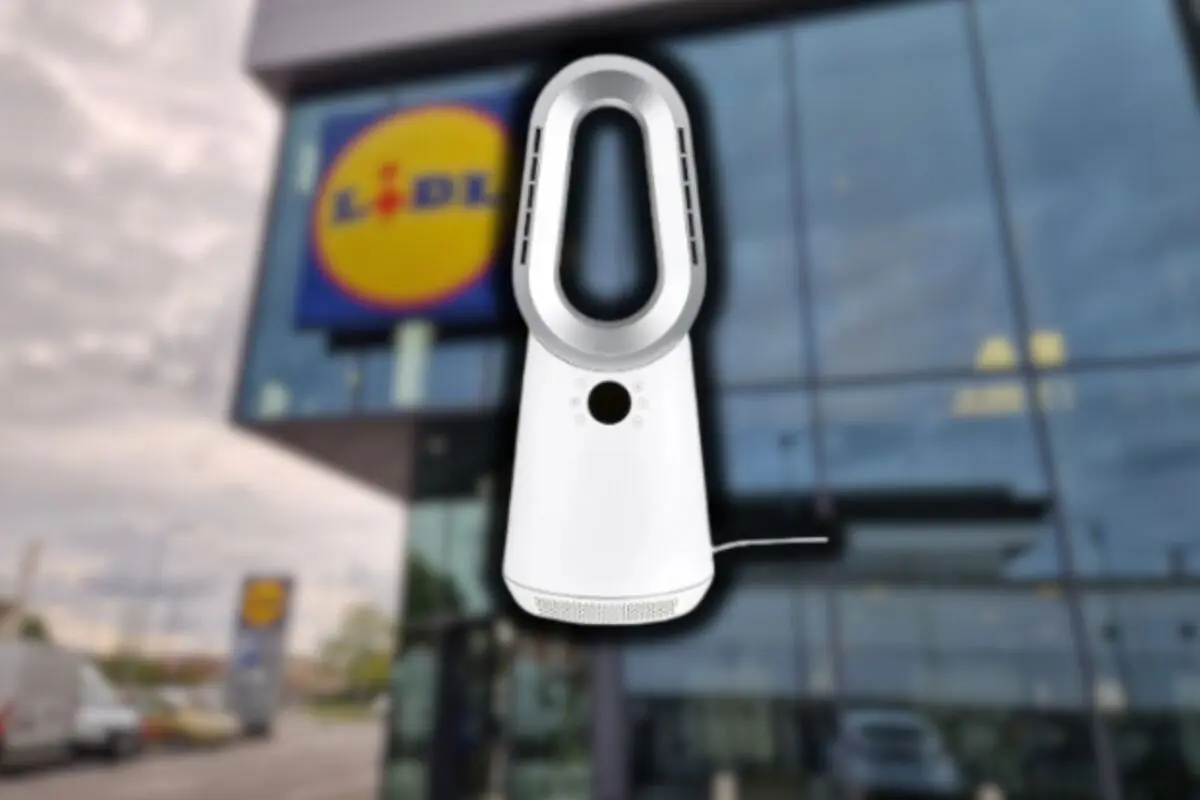 Ventilador sin aspas de color blanco frente a una tienda Lidl desenfocada