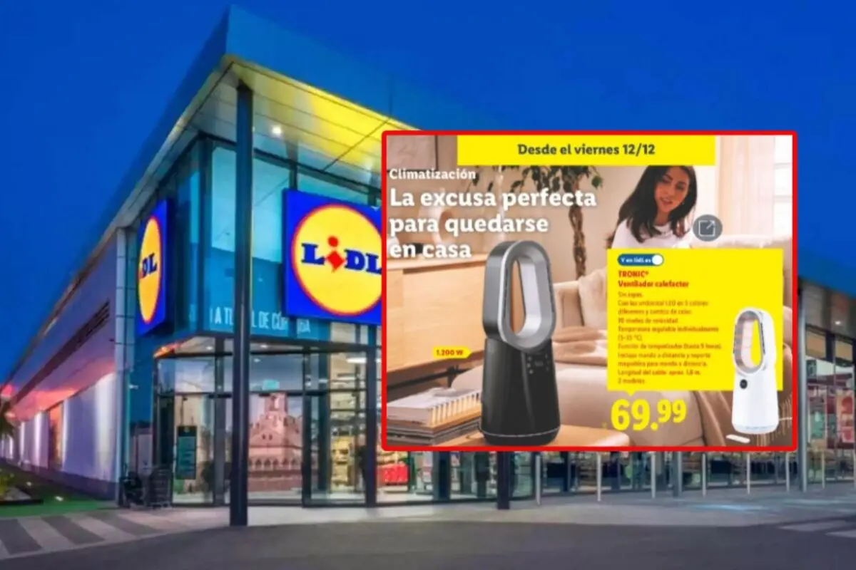 Fachada de una tienda Lidl con un anuncio destacado de un ventilador calefactor en oferta por 69,99 euros