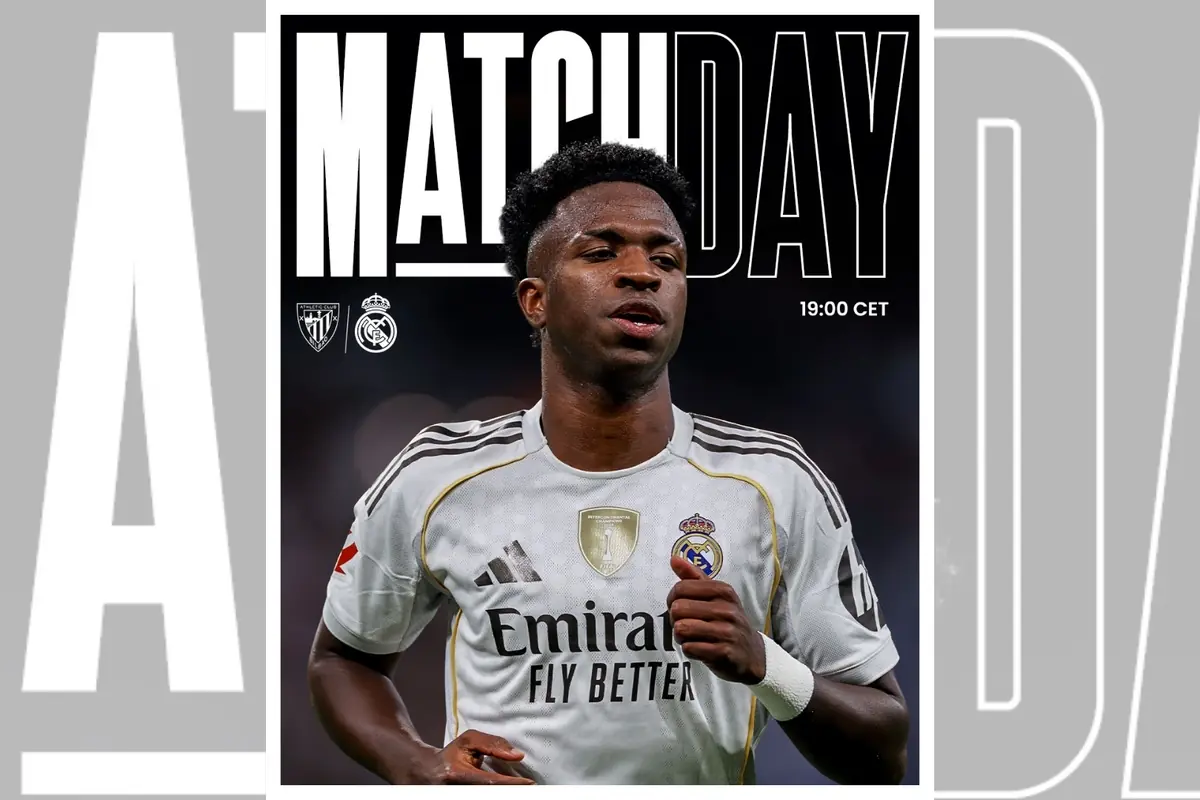 Futbolista del Real Madrid con uniforme blanco en primer plano sobre un fondo oscuro con el texto MATCHDAY y los escudos de Athletic Club y Real Madrid junto al horario 19:00 CET Futbolista del Real Madrid con uniforme blanco en primer plano sobre un fondo oscuro con el texto MATCHDAY y los escudos de Athletic Club y Real Madrid junto al horario 19:00 CET
