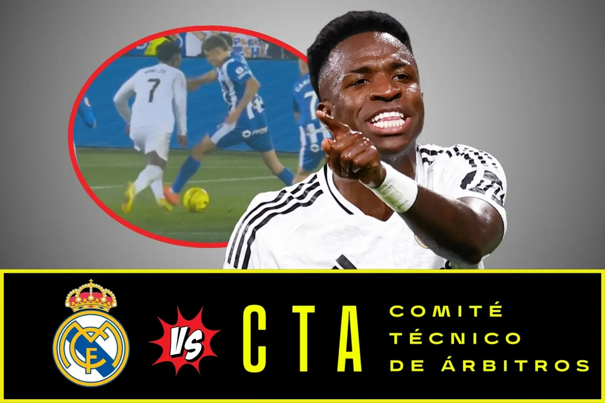 Futbolista del Real Madrid señalando con el dedo, al fondo una jugada en la que un jugador de blanco enfrenta a uno de azul, en la parte inferior aparecen los logos del Real Madrid y el Comité Técnico de Árbitros con la palabra vs en el centro