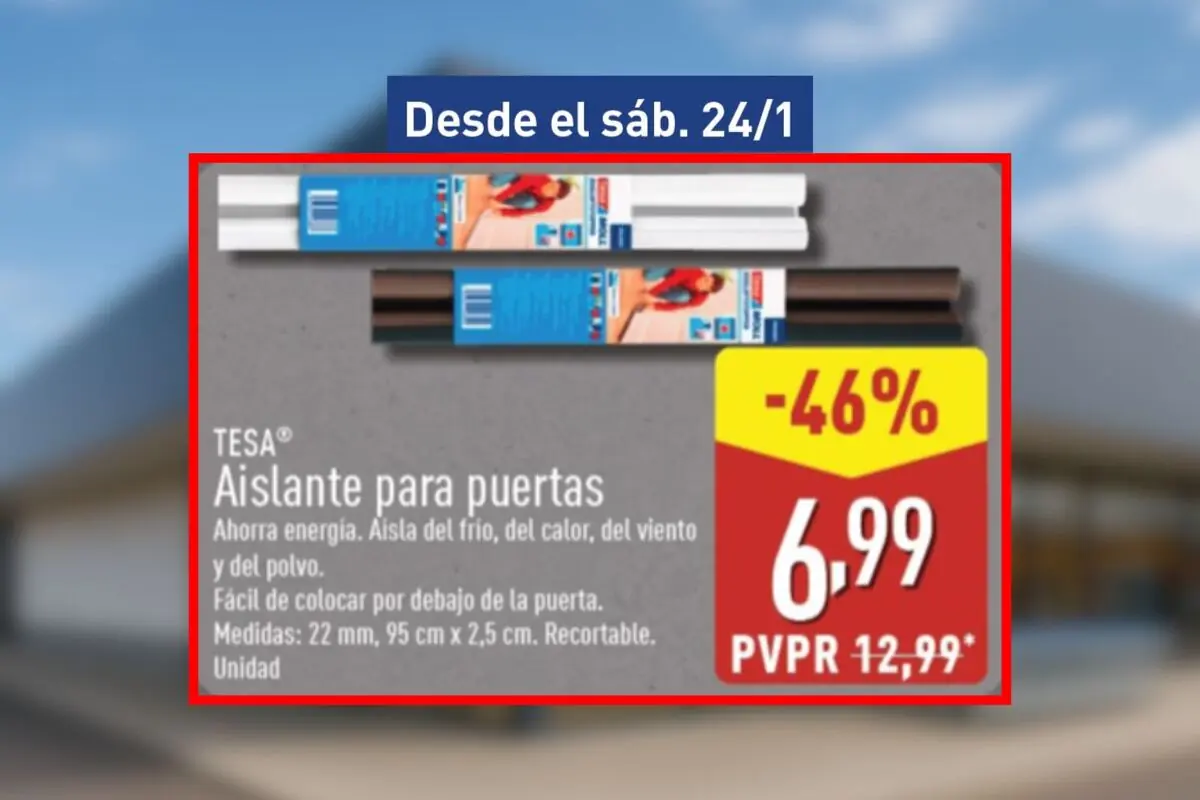 Folleto de Aldi en el que aparece un aislante para puertas Tesa en color blanco y marrón con descuento del 46 por ciento a 6,99 euros disponible desde el sábado, 24 de enero.