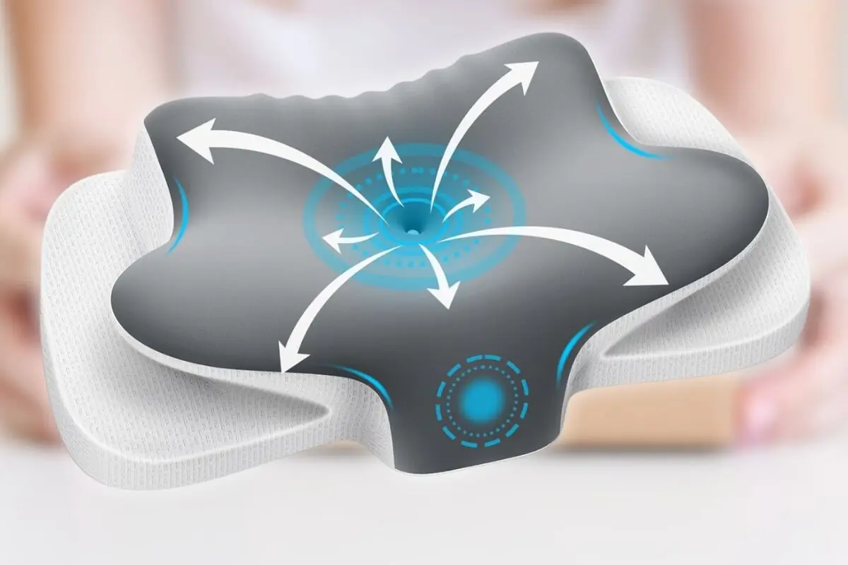 Cojín ergonómico gris y blanco con diseño anatómico y flechas que indican distribución de presión y soporte en varios puntos