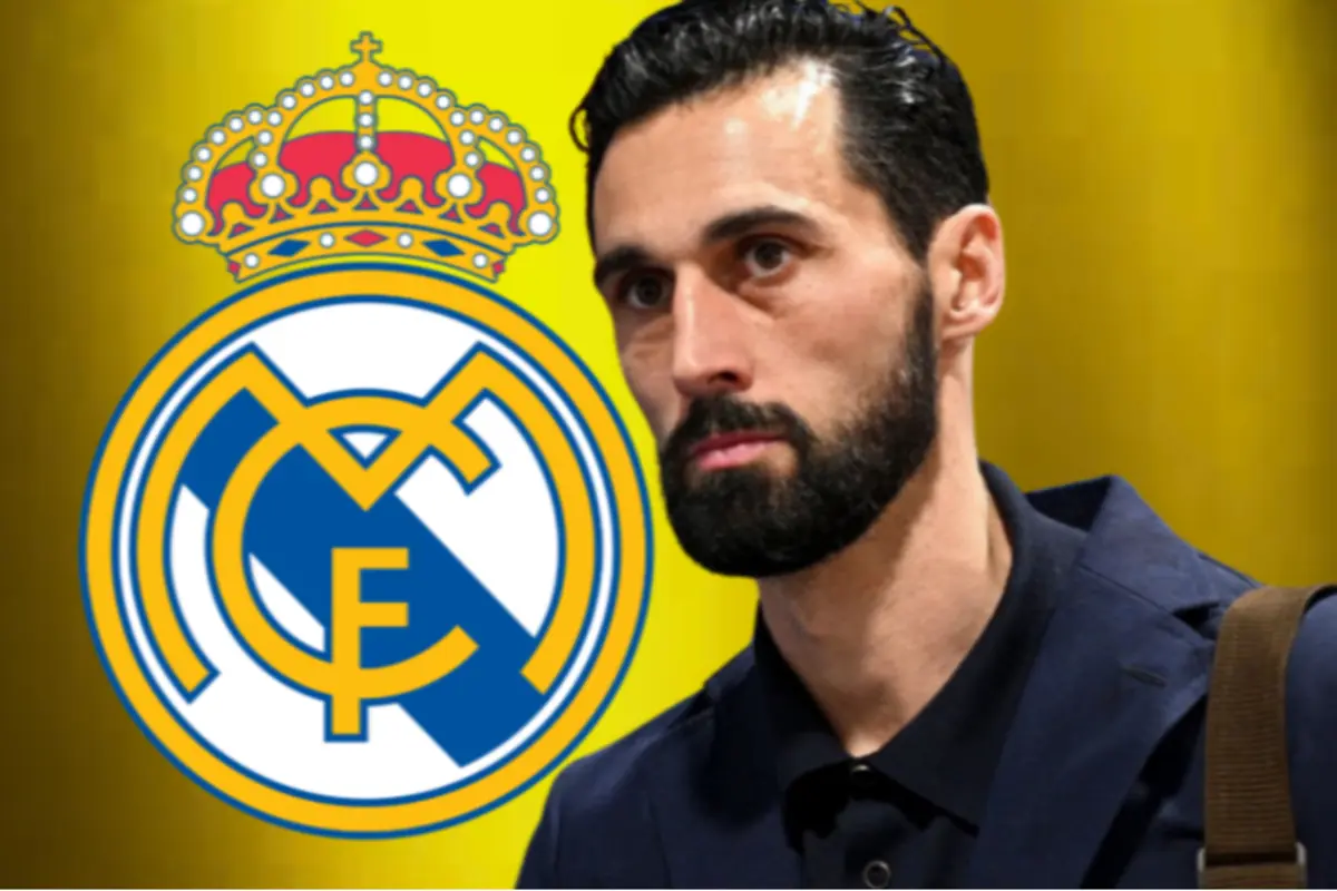 Home amb barba i vestit fosc davant de l’escut del Reial Madrid sobre fons groc