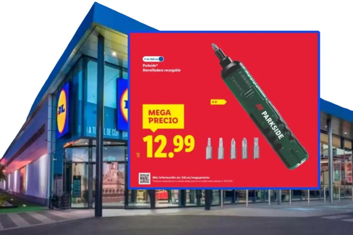 Lidl advertisement featuring a green Parkside rechargeable screwdriver on sale for 12.99 euros in front of a store façade Lidl advertisement featuring a green Parkside rechargeable screwdriver on sale for 12.99 euros in front of a store façade