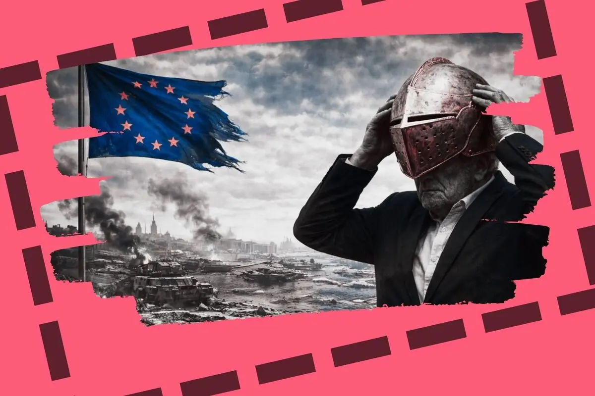 Home gran amb casc de cavaller davant d’un paisatge bèl·lic en ruïnes i una bandera de la Unió Europea esquinçada onejant entre fum i destrucció.