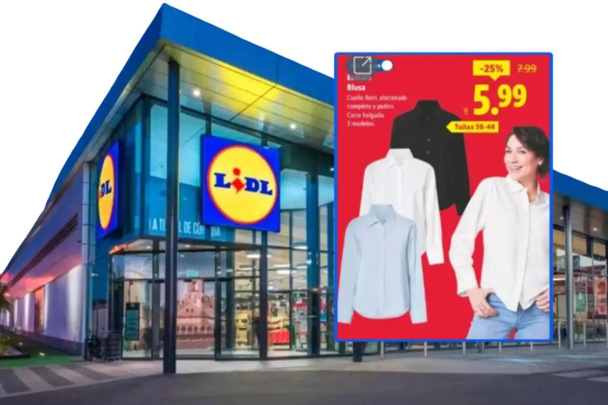 Lidl supermarket facade with an advertising sign for women’s blouses on sale for 5.99 euros