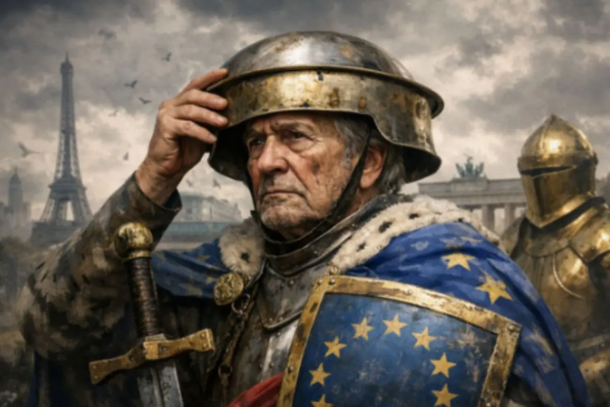 Cavaller ancià amb armadura i escut blau d’estrelles daurades davant d’un paisatge urbà amb la Torre Eiffel i un altre guerrer al fons. Cavaller ancià amb armadura i escut blau d’estrelles daurades davant d’un paisatge urbà amb la Torre Eiffel i un altre guerrer al fons.