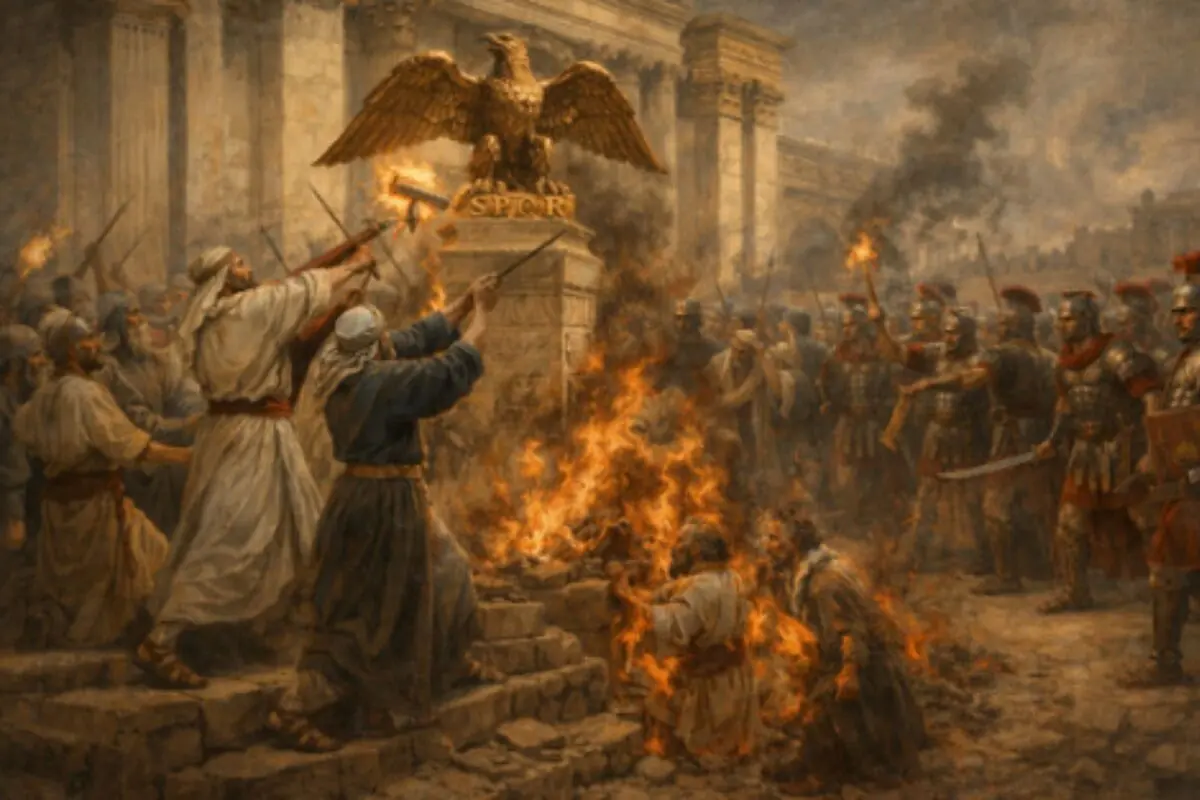 Pintura històrica d’un enfrontament entre soldats romans armats i un grup de civils al costat d’una gran àguila daurada sobre un pedestal mentre diverses persones cremen entre flames en primer pla.