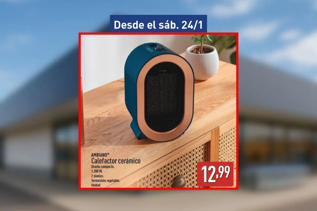 Folleto de Aldi en el que se muestra un calefactor cerámico compacto Ambiano en color azul y cobre sobre un mueble de madera con planta decorativa y precio de 12,99 disponible desde el sábado, 24 de enero. Folleto de Aldi en el que se muestra un calefactor cerámico compacto Ambiano en color azul y cobre sobre un mueble de madera con planta decorativa y precio de 12,99 disponible desde el sábado, 24 de enero.