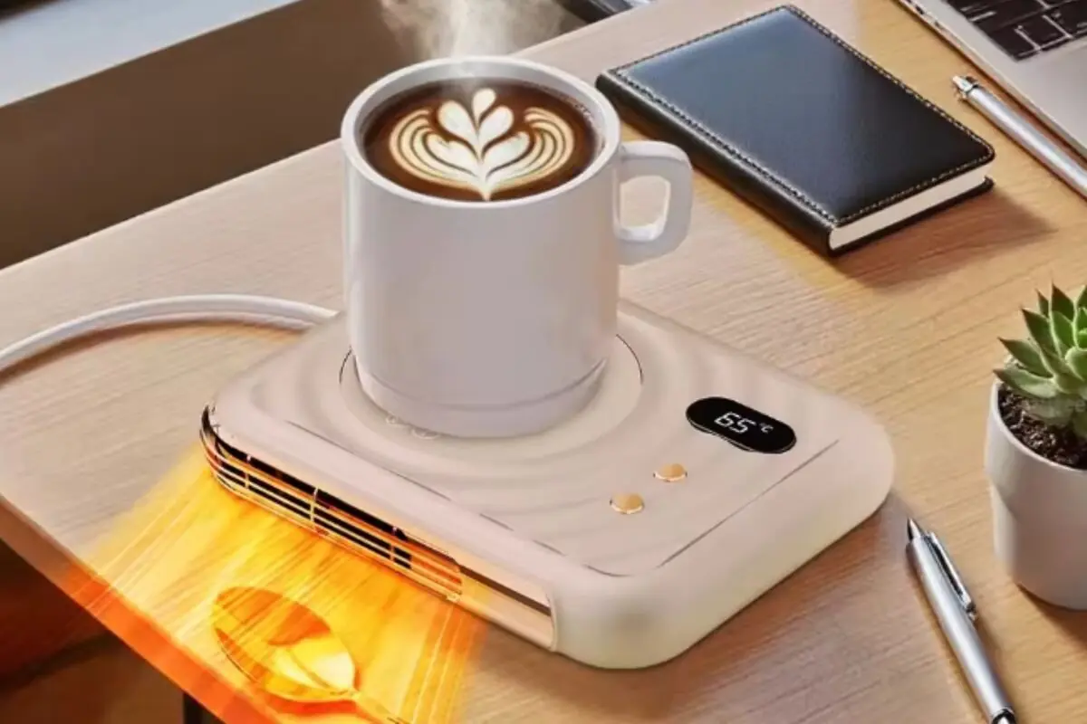Taza de café con arte latte sobre un calentador eléctrico de escritorio con pantalla de temperatura y ventilación luminosa junto a una libreta un bolígrafo y una planta pequeña
