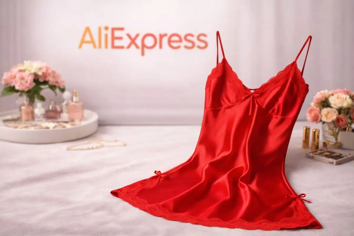 Camisón de satén rojo con encaje exhibido sobre una superficie suave con flores y cosméticos al fondo y el logo de AliExpress desenfocado detrás