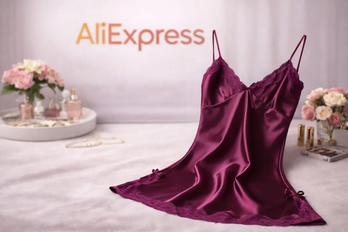 Camisón lencero satinado color vino con encaje sobre superficie clara con flores y cosméticos de fondo y logotipo de AliExpress desenfocado