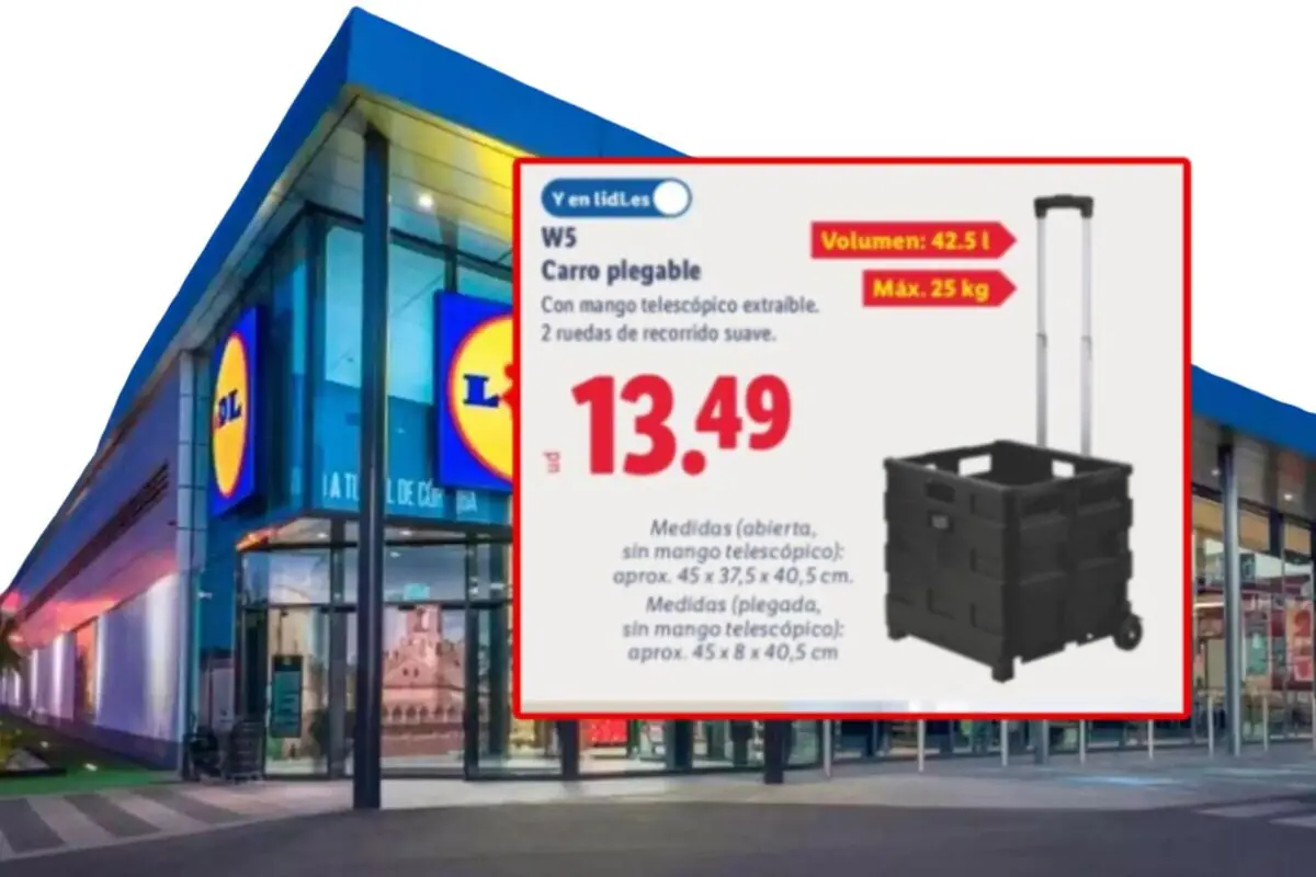 Lidl advertisement showing a black folding cart with a telescopic handle and wheels for 13.49 euros in front of a store façade