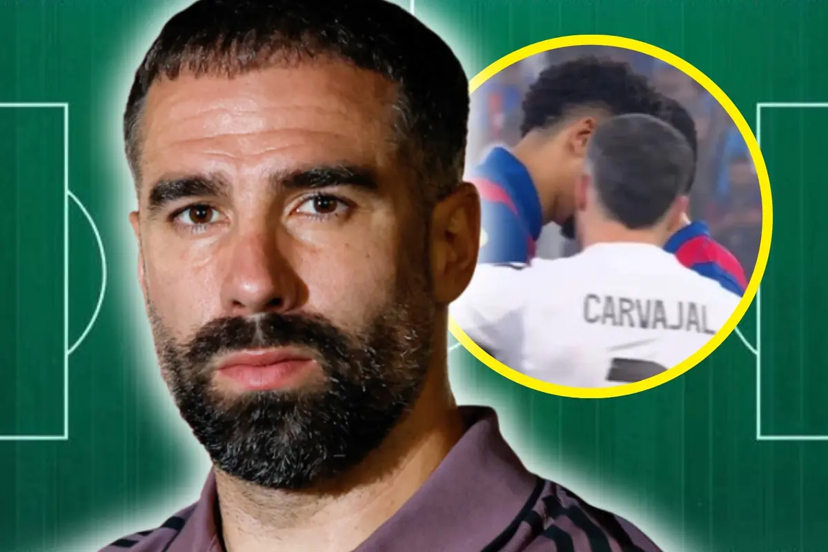 Primer pla d’un home amb barba sobre un fons de camp de futbol amb un requadre circular que mostra dos jugadors abraçant-se i la samarreta d’un amb el nom Carvajal