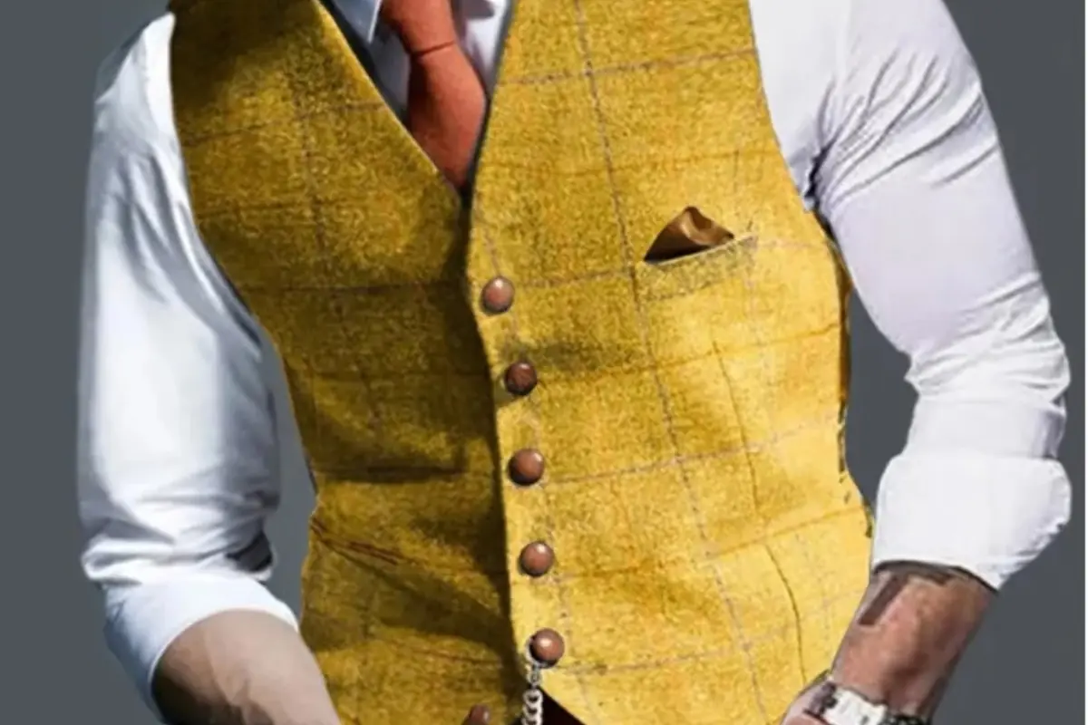 Hombre con chaleco amarillo de vestir sobre camisa blanca y corbata naranja