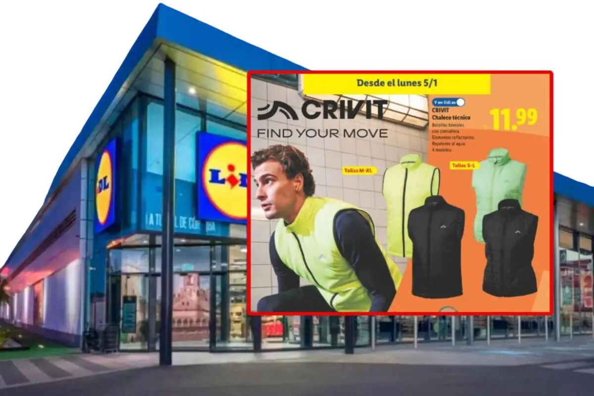 Lidl supermarket facade with an overlaid advertisement for Crivit technical sports vests in various colors and sizes