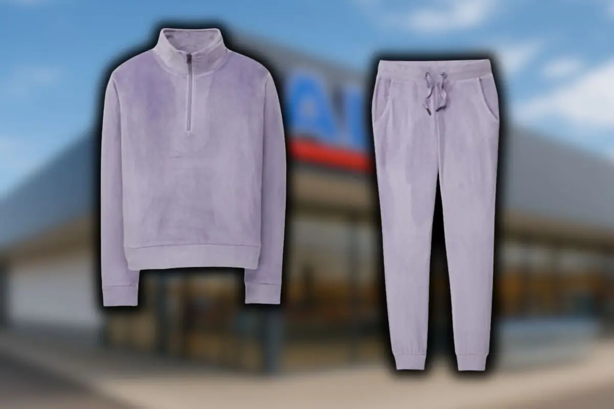 Conjunto de chándal lila de terciopelo con sudadera de media cremallera y pantalones jogger con cordón delante de un fondo de una tienda Aldi.