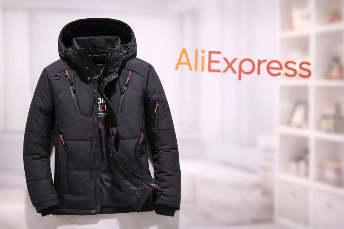 Chaqueta acolchada negra con capucha y cremalleras rojas exhibida junto al logotipo de AliExpress sobre un fondo de interior desenfocado