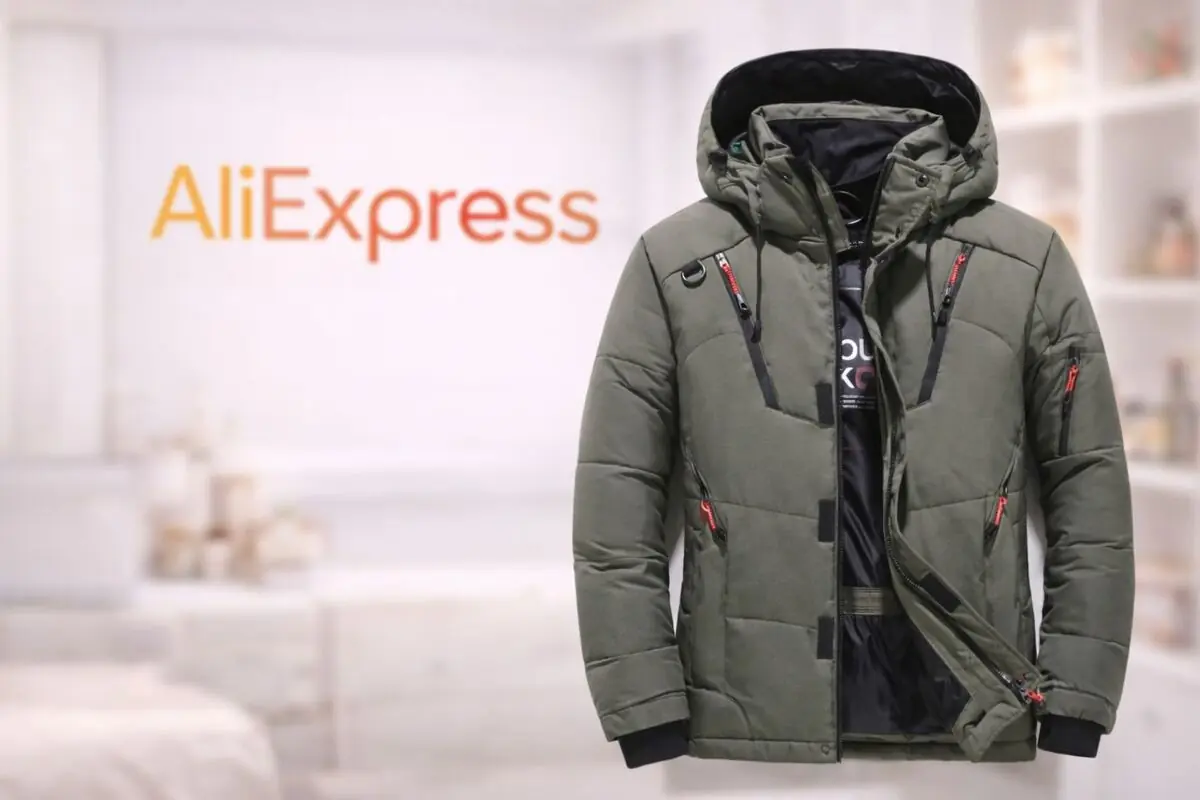 Chaqueta acolchada verde con capucha y cremalleras negras y rojas frente a fondo borroso con logo de AliExpress