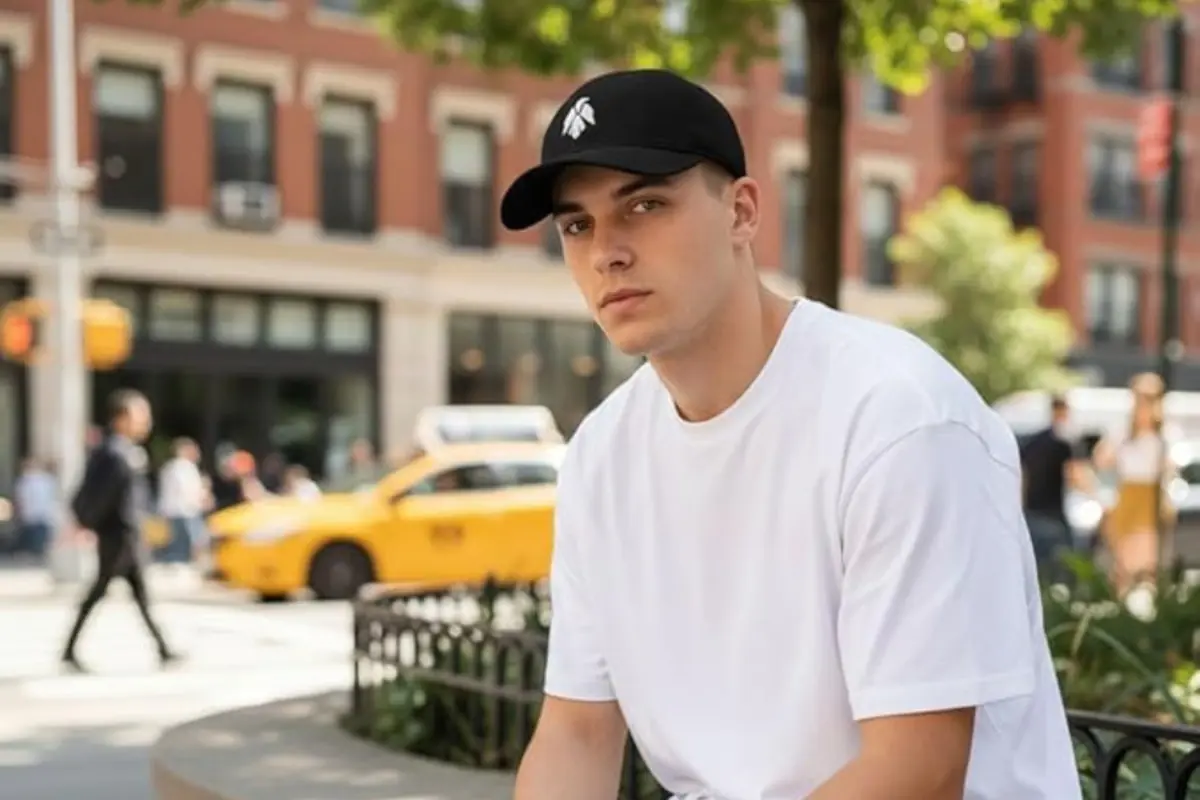 Joven con gorra negra y camiseta blanca sentado en una banca en una calle urbana con taxis amarillos de fondo