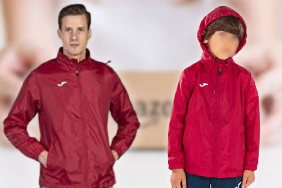 Hombre y niño con chaquetas deportivas rojas con capucha y logo blanco sobre fondo desenfocado Hombre y niño con chaquetas deportivas rojas con capucha y logo blanco sobre fondo desenfocado