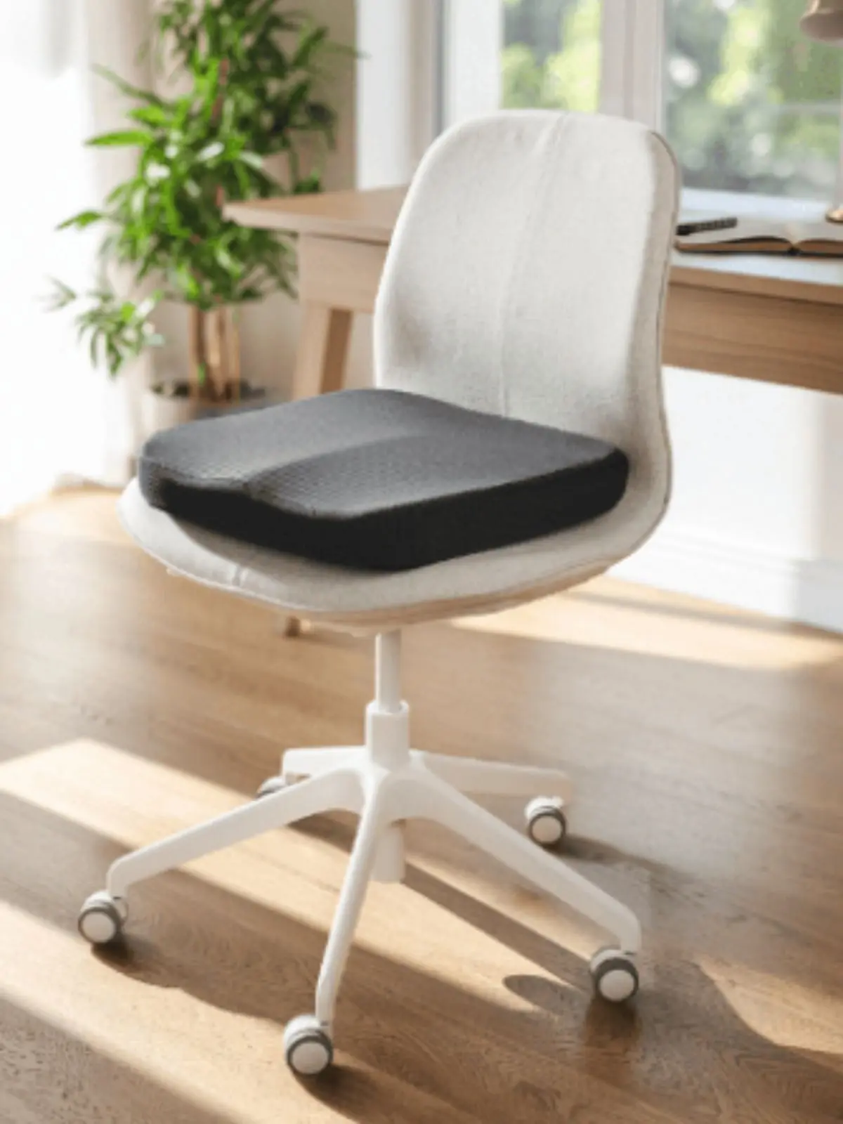 Silla de oficina blanca con cojín ergonómico negro de Aldi sobre el asiento en un escritorio junto a una ventana iluminada por la luz natural.