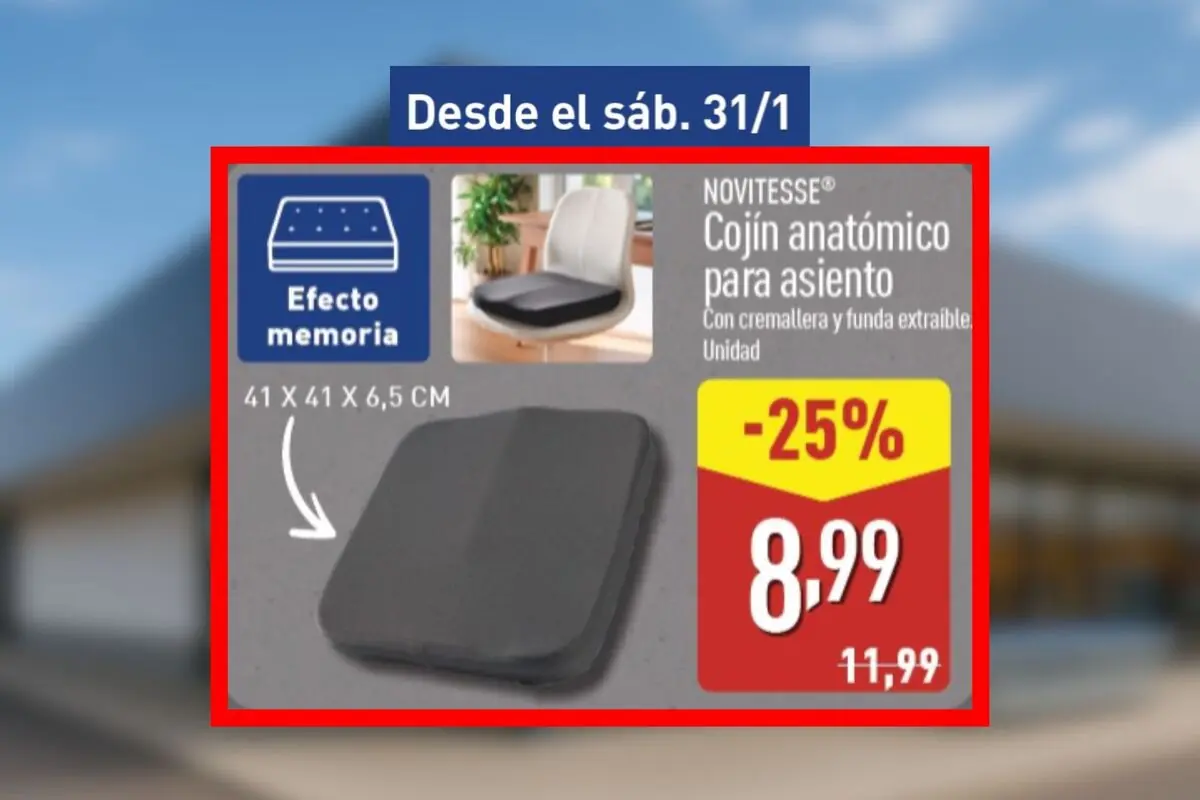 Oferta de cojín anatómico para asiento con efecto memoria de la marca Novitesse en color gris medidas 41 x 41 x 6,5 cm con cremallera y funda extraíble rebajado un 25 por ciento a 8,99 euros disponible desde el sábado, 31 de enero.