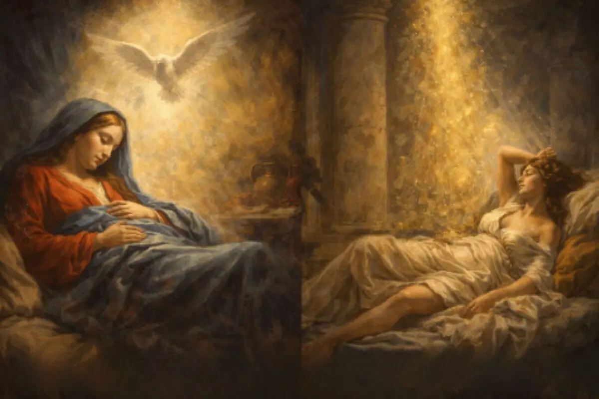 Pintura dividida en dues escenes amb dones ajagudes il·luminades per llum daurada, una amb mantell blau i colom blanc sobre el cap i l’altra en un llit clàssic banyada per un raig de llum brillant.