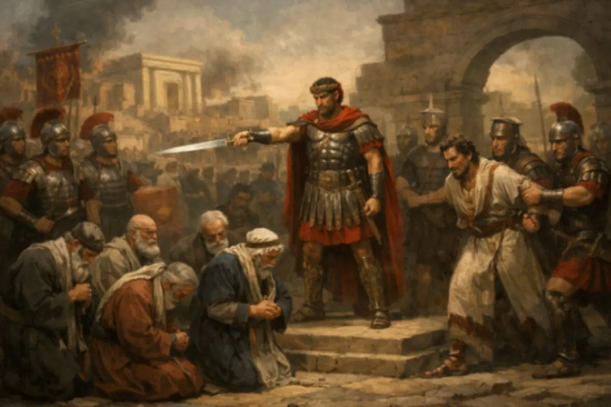 Pintura històrica d’un general romà amb armadura i capa vermella que assenyala amb l’espasa un grup d’homes agenollats mentre soldats subjecten un presoner davant d’una ciutat antiga en ruïnes i fumejant.