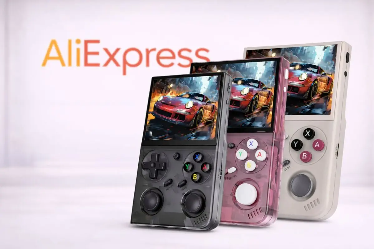 Consolas portátiles retro en varios colores con juego de carreras en pantalla frente al logotipo de AliExpress Consolas portátiles retro en varios colores con juego de carreras en pantalla frente al logotipo de AliExpress