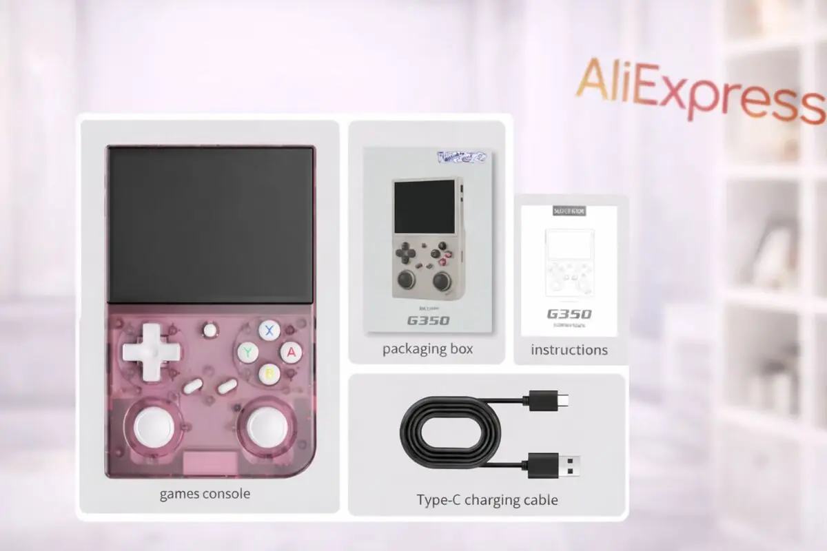 Consola portátil transparente rosa modelo G350 con caja de embalaje manual de instrucciones y cable de carga USB tipo C sobre fondo con logotipo de AliExpress Consola portátil transparente rosa modelo G350 con caja de embalaje manual de instrucciones y cable de carga USB tipo C sobre fondo con logotipo de AliExpress