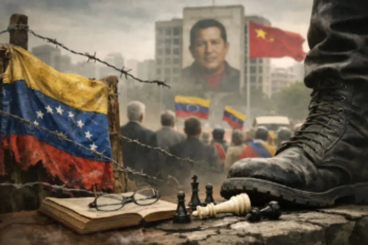 Bandera de Veneçuela desgastada al costat d’un llibre i peces d’escacs sota la bota d’un soldat amb una multitud manifestant-se davant d’un gran retrat i banderes al fons.