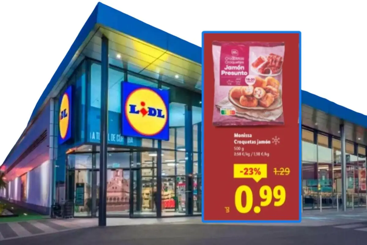 Fachada de supermercado Lidl con cartel promocional de croquetas de jamón Monissa de 500 g rebajadas a 0,99 euros