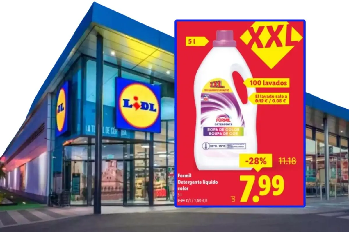 Formil liquid detergent offer for colored clothes in XXL 5-liter size at 7.99 euros with a 28 percent discount and 100 washes on a red background next to the facade of a Lidl supermarket