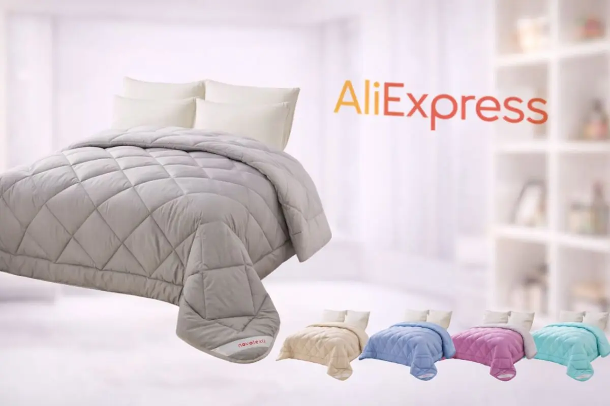 Edredón acolchado en varios colores sobre cama con almohadas en un dormitorio luminoso con logo de AliExpress al fondo