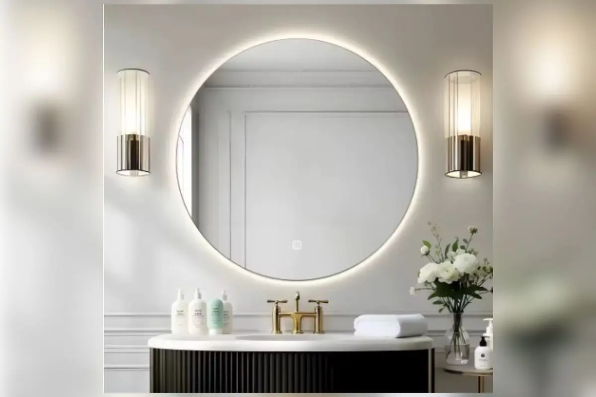 Baño moderno con espejo redondo retroiluminado grifería dorada lámparas de pared metálicas y encimera con jabones toalla blanca y florero con flores blancas